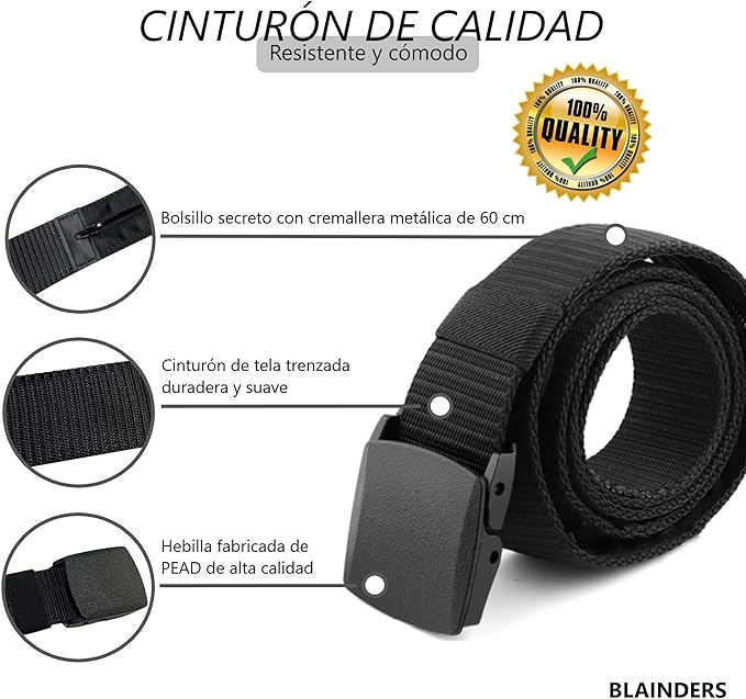 Cinturón Unisex de Nylon Hebilla Metálica y Cremallera Interior Oculta Antirrobo - Cinturón Unisex Trabajo - Cinturón Táctico Unisex- Escondites y secretos